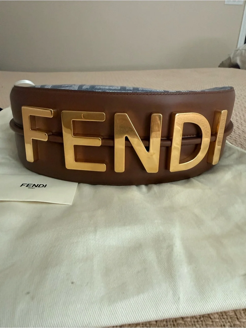 Fendi Blue denim FF Monogram Crescent Shoulder Bag with Leather Trim NWT